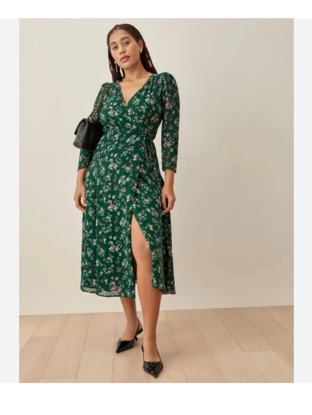 New Reformation Melba Green Floral Wrap Dress Floral Sz S